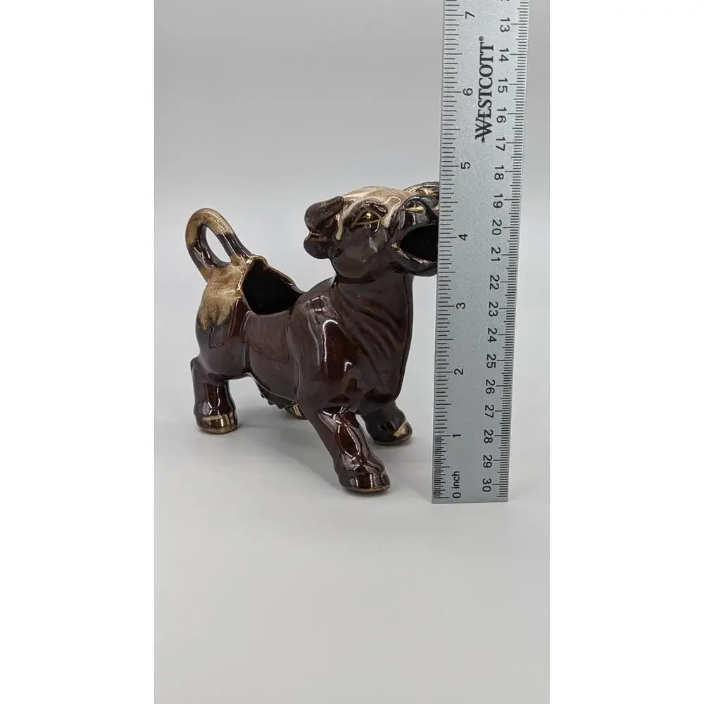 Vintage MCM Stoneware Ceramic Brown & Gold Bull Coffee Creamer Dish 6